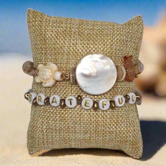 Natural Shell Stone Glass Coastal Chic Affirmation Eclectic Handmade Bracelets - Picture 2 of 6